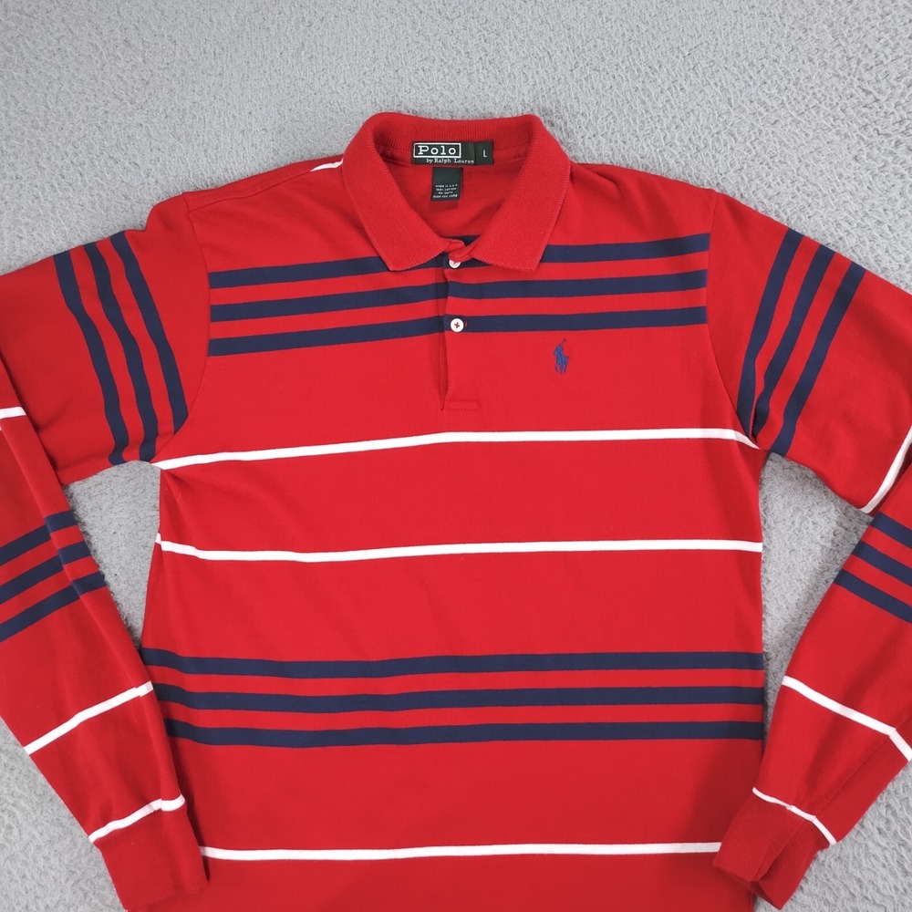 Vintage Polo Ralph Lauren Polo Shirt Boys Large Red Blue Striped Long Sleeve USA